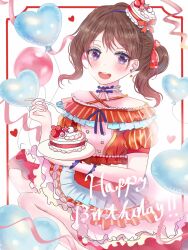 1girl alternate_costume alternate_hairstyle balloon bang_dream! brown_eyes brown_hair cake cake_slice dress food happy happy_birthday heart heart_balloon highres holding looking_at_viewer medium_hair open_mouth plate rinringo solo spoon teeth toyama_kasumi twintails upper_teeth_only