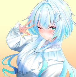 1girl absurdres akai_watame blue_hair blush closed_mouth dress green_eyes hair_intakes highres kasukane_shino long_hair long_sleeves looking_at_viewer nanashi_inc. one_eye_closed solo upper_body virtual_youtuber w white_dress yellow_background