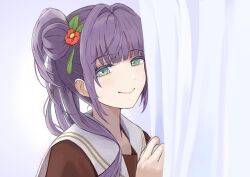 1girl closed_mouth commentary curtain_grab curtains dress flower green_eyes hair_bun hair_flower hair_ornament hashtag-only_commentary hasu_no_sora_school_uniform link!_like!_love_live! lone_nape_hair looking_at_viewer love_live! otomune_kozue portrait purple_hair red_flower sailor_collar sailor_dress school_uniform side_ponytail sidelocks single_side_bun smile solo tassel tassel_hair_ornament virtual_youtuber white_sailor_collar winter_uniform yanase_eiwa