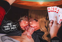 1boy 2girls ace_(playing_card) ace_of_hearts black_hair blonde_hair card cooperative_fellatio cum cum_on_body english_text facial fellatio heart jabami_yumeko jack_(playing_card) jack_of_hearts kakegurui king_(playing_card) king_of_hearts_(playing_card) licking licking_penis lipstick_mark lipstick_mark_on_penis lipstick_mark_on_stomach multiple_girls oral paloma_piquet penis photorealistic playing_card queen_(playing_card) queen_of_hearts_(playing_card) realistic red_eyes saotome_mary teamwork_(sexual) tongue under_table