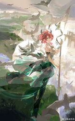 1girl absurdres bare_shoulders bird black_boots boots breasts chinese_commentary ciaccona_(wuthering_waves) commentary_request dress floating_hair full_body highres holding horns instrument long_hair outdoors piaoyou_yueliang pointy_ears red_hair short_sleeves sideboob smile solo standing thigh_boots wuthering_waves
