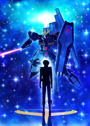 1boy absurdres amuro_ray char&#039;s_counterattack energy_sword fin_funnels green_eyes gundam harada_miyuki highres holding holding_shield holding_sword holding_weapon mecha mecha_pilot_suit mobile_suit normal_suit_(gundam) nu_gundam robot science_fiction shield sword v-fin weapon