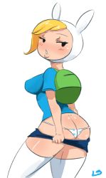 Rule 34 | 0lightsource, 1girl, adventure time, animal ears, animal hood, ass, backpack, bag, blonde hair, blush, breasts, butt crack, clothes pull, dimples of venus, female focus, fionna campbell, gender request, genderswap, hood, lowleg, lowleg panties, panties, polka dot, polka dot panties, rabbit ears, rabbit hood, skirt, skirt pull, solo, thighhighs, underwear, white thighhighs