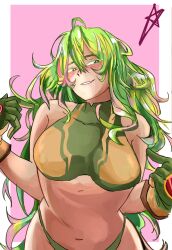 1girl bare_shoulders bikini blush boku_no_hero_academia breasts deku&#039;s_photo_of_hagakure_toru drawgatha gloves green_eyes green_hair hagakure_toru large_breasts long_hair looking_at_viewer messy_hair narrowed_eyes navel official_alternate_costume pointing pointing_at_self smile solo swimsuit very_long_hair
