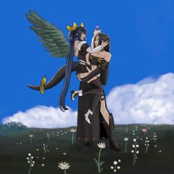 1boy 1girl absurdres angel_wings bad_id black_hair blue_hair blue_sky closed_eyes dizzy dizzy_(guilty_gear) flag flower guilty_gear guilty_gear_x guilty_gear_xx hair_rings happy highres holding holding_flag moontears outdoors pink_flower red_eyes ribbon sky smile tail tail_ornament tail_ribbon testament_(guilty_gear) twintails wings