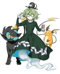 1girl :3 alien_(psr992) black_headwear blue_eyes closed_eyes closed_mouth colored_sclera commentary cross-laced_clothes crossover dress facing_viewer full_body gen_1_pokemon gen_4_pokemon gen_5_pokemon ghost_tail green_dress green_hair hat highres holding holding_poke_ball joltik korean_commentary long_sleeves luxray nintendo ofuda ofuda_on_clothes poke_ball pokemon pokemon_(creature) raichu red_sclera short_hair simple_background soga_no_tojiko sweatdrop tail tate_eboshi touhou white_background