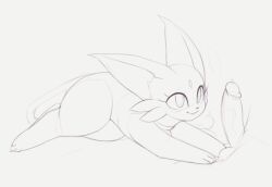 :3 animal_collar animal_focus animal_sexualization bestiality breath collar disembodied_penis erection espeon fang forehead_jewel full_body gen_2_pokemon grey_background greyscale happy kekitopu looking_at_penis lying monochrome nintendo on_stomach open_mouth penis pokemon pokemon_(creature) precum raised_eyebrows simple_background sketch smile solo_focus testicles veins veiny_penis
