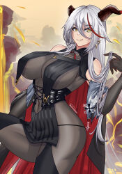 1girl absurdres aegir_(azur_lane) artist_name azur_lane backward-facing_horns bare_shoulders black_garter_straps black_gloves black_horns bodystocking breast_curtains breasts commentary cowboy_shot cross cross_earrings demon_horns earrings elbow_gloves english_commentary garter_straps gloves hair_between_eyes highres horns iron_cross jewelry large_breasts long_hair long_hair_between_eyes looking_at_viewer moll3njogja multicolored_hair red_streaks solo streaked_hair two-tone_hair very_long_hair white_hair yellow_eyes