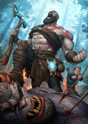 2boys absurdres arrow_(projectile) arrow_in_body atreus axe bald beard bow_(weapon) brown_hair day facial_hair father_and_son forest god_of_war highres holding holding_axe kratos_(god_of_war) monster multiple_boys muscular nature open_mouth outdoors patrick_brown pouch quiver screaming tattoo weapon
