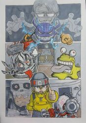 Rule 34 | analogman, andromon, chain, digimon, digimon (creature), giromon, guardromon, hat, highres, mameo (digimon), metalmamemon, numemon, platinumscumon, red eyes, solo, tongue, tongue out