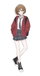Rule 34 | 1girl, backpack, bag, brown eyes, brown hair, collared shirt, full body, grin, hands in pockets, hariikei, highres, hood, hood down, hoodie, long sleeves, looking at viewer, meiko (vocaloid), necktie, open clothes, open hoodie, plaid clothes, plaid necktie, plaid skirt, pleated skirt, school uniform, shirt, shoes, short hair, skirt, smile, sneakers, solo, vocaloid