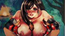 1boy 1girl black_hair blush breasts campfire colorized earrings feiryu final_fantasy final_fantasy_vii fingerless_gloves fingernails gloves hetero jewelry large_breasts long_hair looking_at_viewer open_mouth oral paizuri pov red_gloves solo_focus square_enix tifa_lockhart tongue