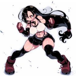 1girl abs black_hair black_skirt blush boots breasts cleavage clenched_hands earrings fighting_stance final_fantasy final_fantasy_vii final_fantasy_vii_remake fingerless_gloves gloves highres jewelry large_breasts long_hair muscular muscular_female red_eyes red_gloves red_shoes shoes skirt solo suspender_skirt suspenders tank_top thick_thighs thighhighs thighs tifa_lockhart tsukinoha_mio