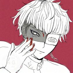 1boy blood blood_on_face blood_on_hands bridge_piercing closed_mouth ear_piercing earrings eyepatch face_piercing jewelry limited_palette male_focus messy_hair omokage_yugamu one_eye_covered piercing simple_background solo solo_focus the_hundred_line_-last_defense_academy- upper_body