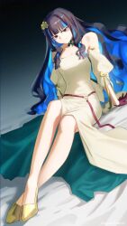Rule 34 | 1girl, bare shoulders, black hair, blue hair, breasts, colored inner hair, crossed ankles, dantonphanton, dress, eyeliner, fate/grand order, fate (series), gloves, grey eyes, high heels, highres, legs, long hair, long sleeves, looking at viewer, makeup, multicolored hair, off shoulder, sitting, small breasts, smile, solo, tenochtitlan (fate), tenochtitlan (fgo fes. 2025) (fate), white dress