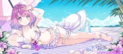 1girl ahoge anklet armlet barefoot beach bikini blue_sky bracelet breasts cleavage closed_mouth cloud commentary_request copyright_notice frilled_bikini frilled_thigh_strap frills full_body gradient_hair green_eyes hat heterochromia himemori_luna himemori_luna_(summer) hinakisara hololive jewelry large_breasts looking_at_viewer lying medium_hair multicolored_hair navel official_alternate_costume official_alternate_hair_length official_alternate_hairstyle official_art outdoors palm_tree pink_hair polka_dot polka_dot_bikini purple_eyes purple_hair shoes short_hair sky smile solo stomach sun_hat swimsuit thigh_strap tree unworn_hat unworn_headwear unworn_shoes virtual_youtuber white_bikini white_hat