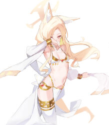 1girl absurdres alternate_costume animal_ear_fluff animal_ears arabian_clothes blonde_hair blue_archive breasts circlet commentary cross_halo dancer extra_ears face_veil forehead fox_ears fox_girl ggab0621 gold_trim gradient_eyes halo harem_outfit highres loli long_hair mouth_veil multicolored_eyes navel pelvic_curtain seia_(blue_archive) small_breasts solo veil white_background yellow_halo