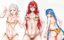 abs absurdres bikini eris_greyrat gold_bikini golden_week golden_week_bikini highres kimmydahuman midriff mushoku_tensei navel roxy_migurdia swimsuit sylphiette_(mushoku_tensei) tongue tongue_out