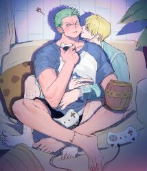 2boys barefoot beer_mug blonde_hair blush closed_mouth commentary controller cup english_commentary feet food food_on_face full_body game_controller green_hair highres holding holding_cup holding_food hug hug_from_behind indian_style indoors kiss kissing_cheek leg_hair looking_at_viewer male_focus mug multiple_boys one_piece onigiri pillow roronoa_zoro sanji_(one_piece) shirt short_hair short_sleeves shorts sitting sitting_on_lap sitting_on_person squiggle sweetdou3 yaoi