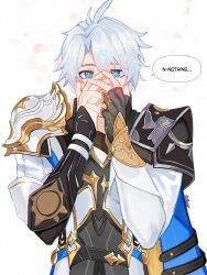 Rule 34 | 1boy, antenna hair, armor, black gloves, black shirt, blood, blue cape, blue eyes, blush, cape, coat, commentary, covering face, english commentary, fingerless gloves, gloves, highres, honkai: star rail, honkai (series), male focus, moonya, nosebleed, pauldrons, phainon (honkai: star rail), shirt, short hair, shoulder armor, simple background, single glove, single pauldron, solo, white background, white coat, white hair, yellow blood