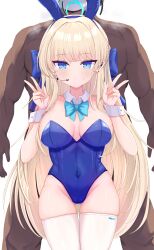 1boy 1girl absurdres ana_(vvvvor) animal_ears aqua_bow aqua_bowtie bare_shoulders blonde_hair blue_archive blue_eyes blue_halo blue_leotard bow bowtie breasts cleavage clothed_female_nude_male dark-skinned_male dark_skin detached_collar doodle_sensei_(blue_archive) double_v fake_animal_ears halo headset highres leotard long_hair looking_at_viewer medium_breasts nude official_alternate_costume playboy_bunny rabbit_ears sensei_(blue_archive) simple_background thighhighs toki_(blue_archive) toki_(bunny)_(blue_archive) v white_background white_thighhighs