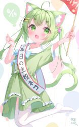 1girl animal_ears birthday_sash cat_ears cat_girl cat_tail dated dress fang green_dress green_eyes green_hair highres matchanear open_mouth original sailor_collar short_sleeves skin_fang tail thick_eyebrows thighhighs twintails white_sailor_collar white_thighhighs
