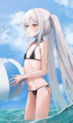 1girl absurdres ball bare_arms bare_shoulders beachball bikini black_bikini blue_sky blush choker collarbone commentary_request flat_chest grey_hair highres honashi long_hair navel ocean original parted_lips sky solo swimsuit thighs twintails very_long_hair yellow_eyes