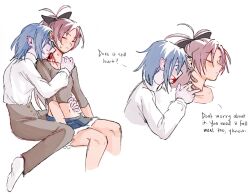 2girls bandaid bandaid_on_neck biting black_pants black_shirt blood blood_on_face blue_hair closed_eyes closed_mouth commentary english_commentary english_text highres long_hair long_sleeves mahou_shoujo_madoka_magica mahou_shoujo_madoka_magica_(anime) medium_hair mermaidcandle miki_sayaka multiple_girls neck_biting pants pointy_ears ponytail red_hair sakura_kyoko shirt simple_background vampire white_background white_shirt yuri