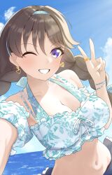 1girl ;d absurdres aokiotemoto bare_shoulders bikini blue_hairband blue_sky breasts cleavage cloud collarbone commentary detached_sleeves dutch_angle earrings frilled_bikini frilled_sleeves frills fujishima_megumi grin hair_intakes hairband heart heart_earrings highres horizon jewelry large_breasts link!_like!_love_live! looking_at_viewer love_live! mismatched_earrings natsumeki_pain navel official_alternate_costume one_eye_closed open_mouth outdoors puffy_short_sleeves puffy_sleeves ring short_sleeves sky smile solo stomach swimsuit v virtual_youtuber white_bikini