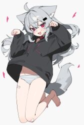 1girl absurdres ahoge animal_ears bandaid bandaid_on_cheek bandaid_on_face barefoot blush collar fenrir_(fenriluuu) flat_chest full_body grey_hair heart highres hood hoodie jumping long_hair looking_at_viewer open_mouth original panties red_collar red_eyes rir-chan smile solo striped_clothes striped_panties tail underwear wolf_ears wolf_girl wolf_tail