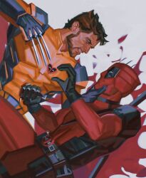 2boys beard belt black_gloves blood bodysuit brown_hair claws clenched_teeth commentary deadpool deadpool_&amp;_wolverine deadpool_(series) english_commentary facial_hair fighting_stance gloves grabbing_another&#039;s_chin hand_on_another&#039;s_chin heart heart_hands highres katana looking_at_another male_focus marvel mask multiple_boys red_bodysuit sunnnliwx superhero_costume sword teeth weapon weapon_on_back wolverine_(x-men) x-men yaoi yellow_bodysuit