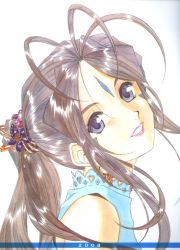 00s 1girl 2008 aa_megami-sama ahoge belldandy brown_hair earrings facial_mark female_focus forehead_mark fujishima_kousuke jewelry lips long_hair non-web_source ponytail purple_eyes solo