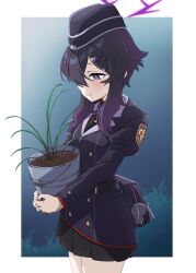 1girl bag bag_charm black_hair black_hat black_skirt blue_archive blush brilliantko bucket charm_(object) commentary garrison_cap hair_between_eyes hair_ornament hair_over_one_eye hairclip halo haruka_(blue_archive) hat highres holding holding_bucket jacket juliet_sleeves long_sleeves multicolored_hair pleated_skirt puffy_sleeves purple_eyes purple_hair short_hair_with_long_locks simple_background skirt smile solo weeds
