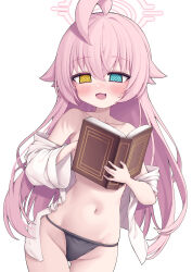 1girl @_@ ahoge black_panties blue_archive blue_eyes blush boobs_in_book_(meme) book commentary_request cowboy_shot fang halo heterochromia highres holding holding_book hoshino_(blue_archive) korean_commentary loli long_hair meme metaljelly navel open_mouth panties pink_hair pink_halo shirt simple_background solo stomach sweatdrop underwear white_background white_shirt yellow_eyes