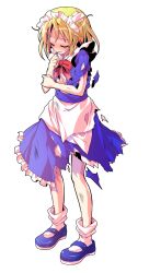 1girl apron bare_arms blonde_hair blue_dress blue_shoes blush bobby_socks bow bowtie closed_eyes commentary_request dairi dress frilled_dress frills full_body highres large_variant_set maid maid_headdress mary_janes mugetsu_(touhou) open_mouth red_bow red_bowtie shoes short_sleeves socks solo standing sweatdrop torn_clothes torn_dress touhou touhou_(pc-98) transparent_background variant_set waist_apron white_apron white_socks yellow_eyes