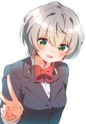 1girl absurdres black_jacket blazer bow bowtie commentary_request green_eyes grey_hair highres jacket jaku-chara_tomozaki-kun kikuchi_fuuka looking_at_viewer nyaa_(nnekoron) open_mouth red_bow red_bowtie school_uniform shirt short_hair simple_background smile solo upper_body v white_background white_shirt