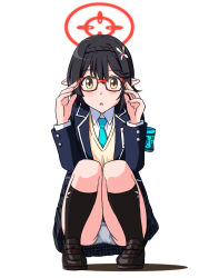 Rule 34 | 1girl, :o, adjusting eyewear, aqua armband, aqua necktie, armband, ayane (blue archive), black hair, black shoes, black skirt, black socks, blazer, blue archive, blue jacket, buttons, checkered clothes, checkered skirt, commentary request, dot nose, flower, full body, hair between eyes, hair flower, hair ornament, halo, jacket, legs, lielos, light blush, long sleeves, looking at viewer, necktie, panties, pantyshot, pointy ears, red-framed eyewear, red halo, shadow, shoes, short hair, sidelocks, skirt, socks, solo, squatting, thighs, underwear, vest, white background, white panties, wing collar, yellow eyes, yellow vest