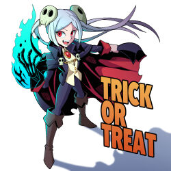 1girl bloody_marie_(skullgirls) blue_fire boots brown_boots colored_fire costume english_text fire full_body hair_ornament halloween halloween_costume highres jewelry pechamaju red_eyes skull_hair_ornament skullgirls solo trick_or_treat twintails white_background white_hair