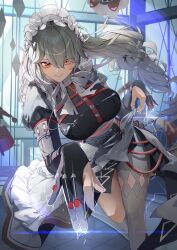 Rule 34 | 1girl, absurdres, alexandrina sebastiane, anastella (zenless zone zero), black dress, black gloves, breasts, closed mouth, dress, drusilla (zenless zone zero), electricity, gloves, grey hair, highres, indoors, jelmul, juliet sleeves, large breasts, long hair, long sleeves, looking at viewer, low-tied long hair, maid, maid headdress, pantyhose, pantyhose cutout, partially fingerless gloves, puffy sleeves, reaching, reaching towards viewer, red eyes, side slit, single leg pantyhose, skirt hold, smile, solo, white pantyhose, zenless zone zero