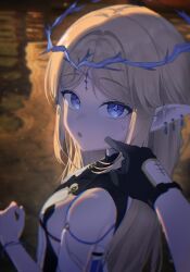 1boy 1girl absurdres bare_shoulders black_collar blonde_hair blue_eyes blush cartethyia_(wuthering_waves) cheek_poking collar commentary crown_of_thorns dessin56902 earrings from_behind highres jewelry light_blush long_hair looking_at_viewer male_rover_(wuthering_waves) open_mouth parted_bangs pointy_ears poking pov pov_hands rover_(wuthering_waves) sidelocks sweatdrop tacet_mark_(wuthering_waves) upper_body wuthering_waves