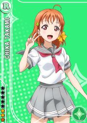 1girl :d ahoge anime_coloring blush bow braid card_(medium) clover_hair_ornament cowboy_shot green_background grey_sailor_collar grey_skirt hair_bow hair_ornament hand_up looking_at_viewer love_live! love_live!_school_idol_festival love_live!_sunshine!! medium_hair midriff_peek miniskirt neckerchief official_art open_mouth orange_hair pleated_skirt red_eyes red_neckerchief sailor_collar school_uniform serafuku shirt short_sleeves side_braid skirt smile solo star_(symbol) summer_uniform takami_chika tie_clip uranohoshi_school_uniform v white_shirt yellow_bow