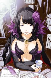 1girl bad_id bad_pixiv_id black_bridal_gauntlets black_cloak black_hair blush breasts bridal_gauntlets clasp cloak cookie cup ddukae elsa_granhilte food frilled_bridal_gauntlets hair_ornament highres lips long_hair multicolored_cloak purple_eyes purple_trim re:zero_kara_hajimeru_isekai_seikatsu red_lining solo two-sided_cloak two-sided_fabric