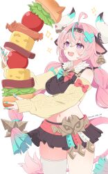 Rule 34 | 1girl, absurdres, ahoge, animal ears, belt, braid, cow ears, cow horns, cow tail, drooling, food, genshin impact, highres, holding, holding food, holding sandwich, horns, long hair, midriff, miniskirt, mouth drool, navel, pink hair, purple eyes, red belt, sandwich, single thighhigh, skirt, sweet miuk tea, tail, thighhighs, twin braids, twitter username, varesa (genshin impact), white background