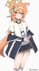 Rule 34 | 1girl, absurdres, animal ear fluff, animal ears, black jacket, black shorts, blue archive, blue eyes, blush, cat ears, cat girl, d (delt4), extra ears, flower, hair between eyes, hair flower, hair ornament, hair ribbon, highres, jacket, kneehighs, long hair, looking at viewer, mari (blue archive), mari (track) (blue archive), official alternate costume, orange hair, parted lips, pink nails, ribbon, shirt, shorts, socks, solo, steepled fingers, sweat, white flower, white ribbon, white shirt, white socks