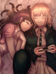 Rule 34 | 1medichan1, 2girls, bandaged arm, bandages, black jacket, closed eyes, closed mouth, danganronpa (series), danganronpa 2: goodbye despair, dress shirt, galaga, hair ornament, handheld game console, highres, holding, holding handheld game console, jacket, lying, medium hair, miniskirt, multiple girls, nanami chiaki, on back, on side, open clothes, open jacket, pink shirt, pleated skirt, puffy short sleeves, puffy sleeves, shirt, short sleeves, skirt, smile, tsumiki mikan, two-tone shirt