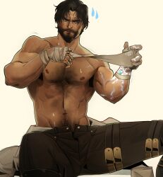 1boy arcane:_league_of_legends arcane_jayce arcane_survivor_jayce bandaged_hand bandages bara brown_pants chris_sdd facial_hair highres jayce_(league_of_legends) league_of_legends mature_male medium_hair messy_hair muscular muscular_male navel pants simple_background solo sparse_chest_hair thick_eyebrows topless_female topless_male white_background