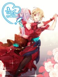 2girls blonde_hair breasts dancing dometan0_0 dress flower grey_hair hair_ornament hair_over_one_eye hairclip hand_on_another&#039;s_back heaven_burns_red highres izumi_yuki_(heaven_burns_red) kayamori_ruka long_hair multiple_girls red_dress red_eyes rose short_hair yuri