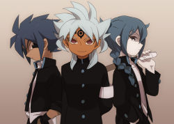 Rule 34 | 3boys, androgynous, baddap sleed, banchou, black eyes, blue hair, braid, dark skin, delinquent, eska bamel, frown, green hair, hand in pocket, inazuma eleven, inazuma eleven (series), male focus, mistorene callus, multiple boys, open clothes, open shirt, red eyes, school uniform, shirt, short hair, smile, smirk, sword, tattoo, weapon, white hair