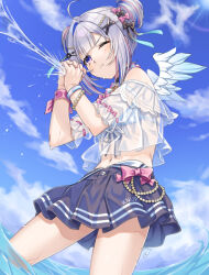 1girl amane_kanata amane_kanata_(summer) angel_wings bare_shoulders blue_hair blue_skirt bracelet commentary_request feathered_wings hair_bun hair_ornament highres hololive jewelry looking_to_the_side miri_(ago550421) multicolored_hair navel one_eye_closed own_hands_clasped own_hands_together purple_eyes purple_hair revision shirt short_sleeves skirt solo streaked_hair virtual_youtuber wading wet wet_clothes white_shirt wings