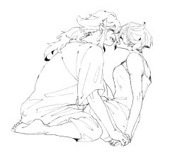 2girls barefoot camisole closed_eyes commentary_request greyscale gundam gundam_suisei_no_majo highres holding_hands kusattatofu long_hair miorine_rembran monochrome multiple_girls open_mouth ponytail shirt short_hair short_sleeves smile suletta_mercury toes yuri